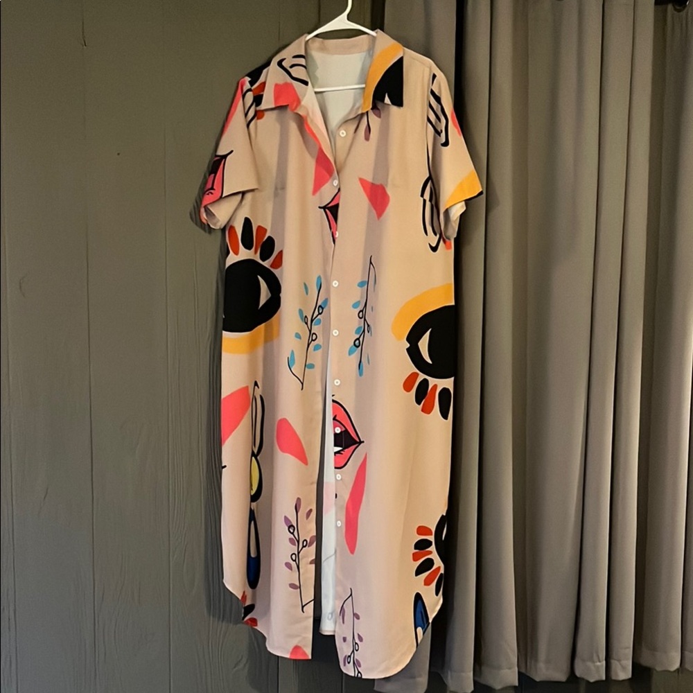 Abstract Patterned Button-Up Dress 1XL